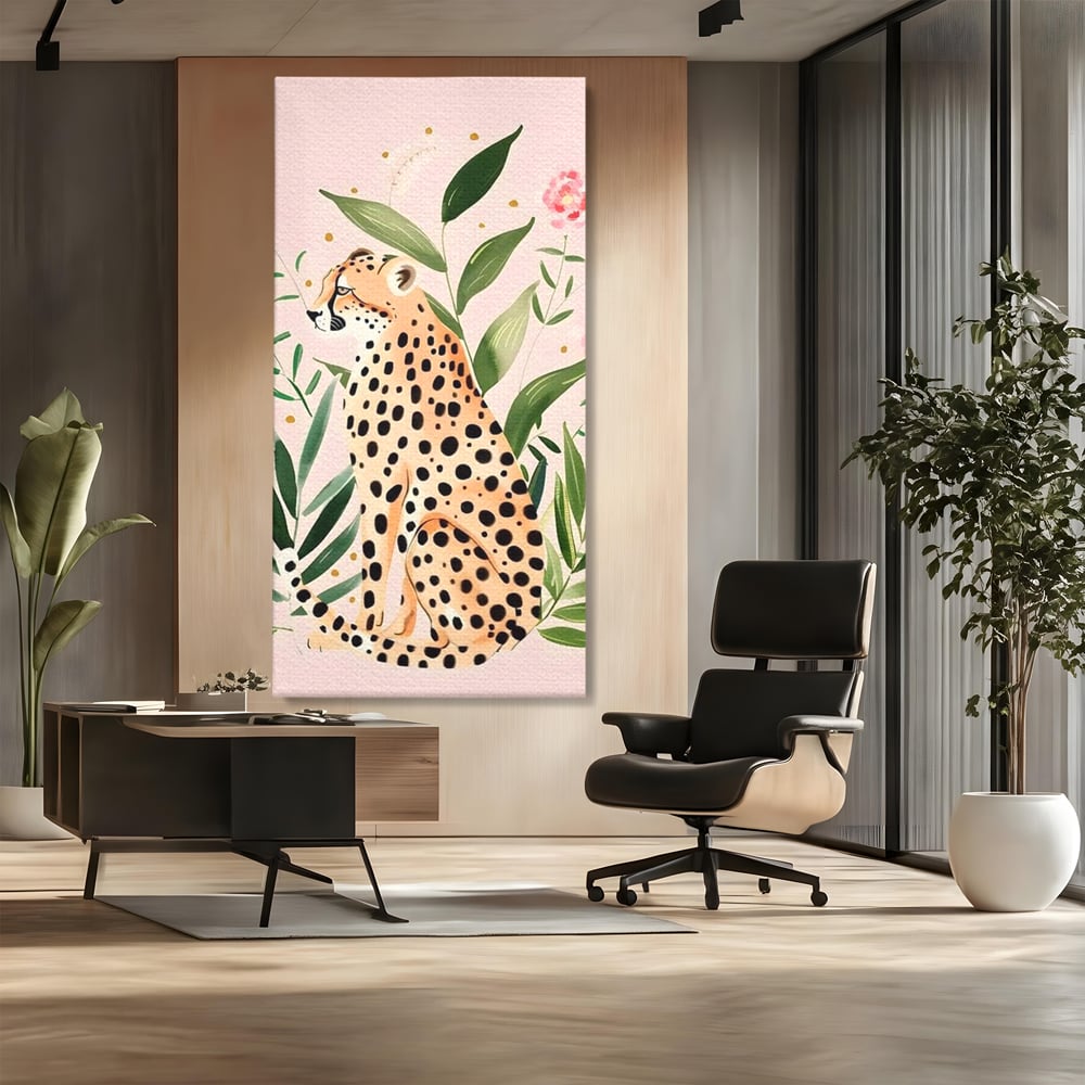 Tablou canvas cu tablou canvas cu leopard si frunze tropicale, fara rama, pe sasiu de lemn, pe perete intr-un birou
